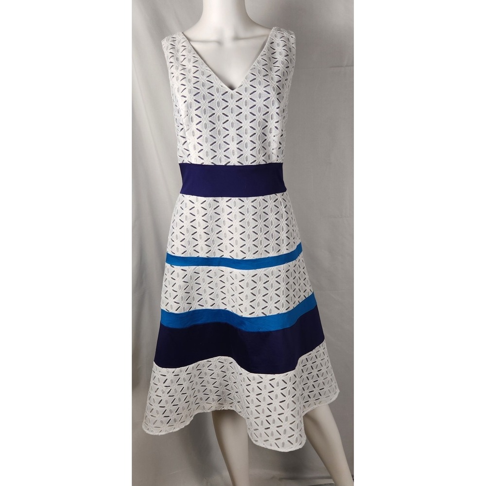 Anne Klein White Eyelet Color Block Fit & Flare Old-Money/Classiccore Dress 12